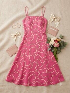 HVN "String Of Hearts" Pink Spaghetti Strap Silk Slip Dress With White Hearts